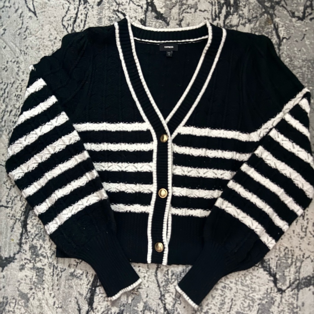 Express Black and White Striped Cardigan Sweater